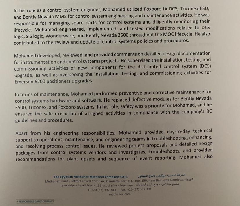 Methanex experience letter, page 1 of 2, signed by HR Manager
