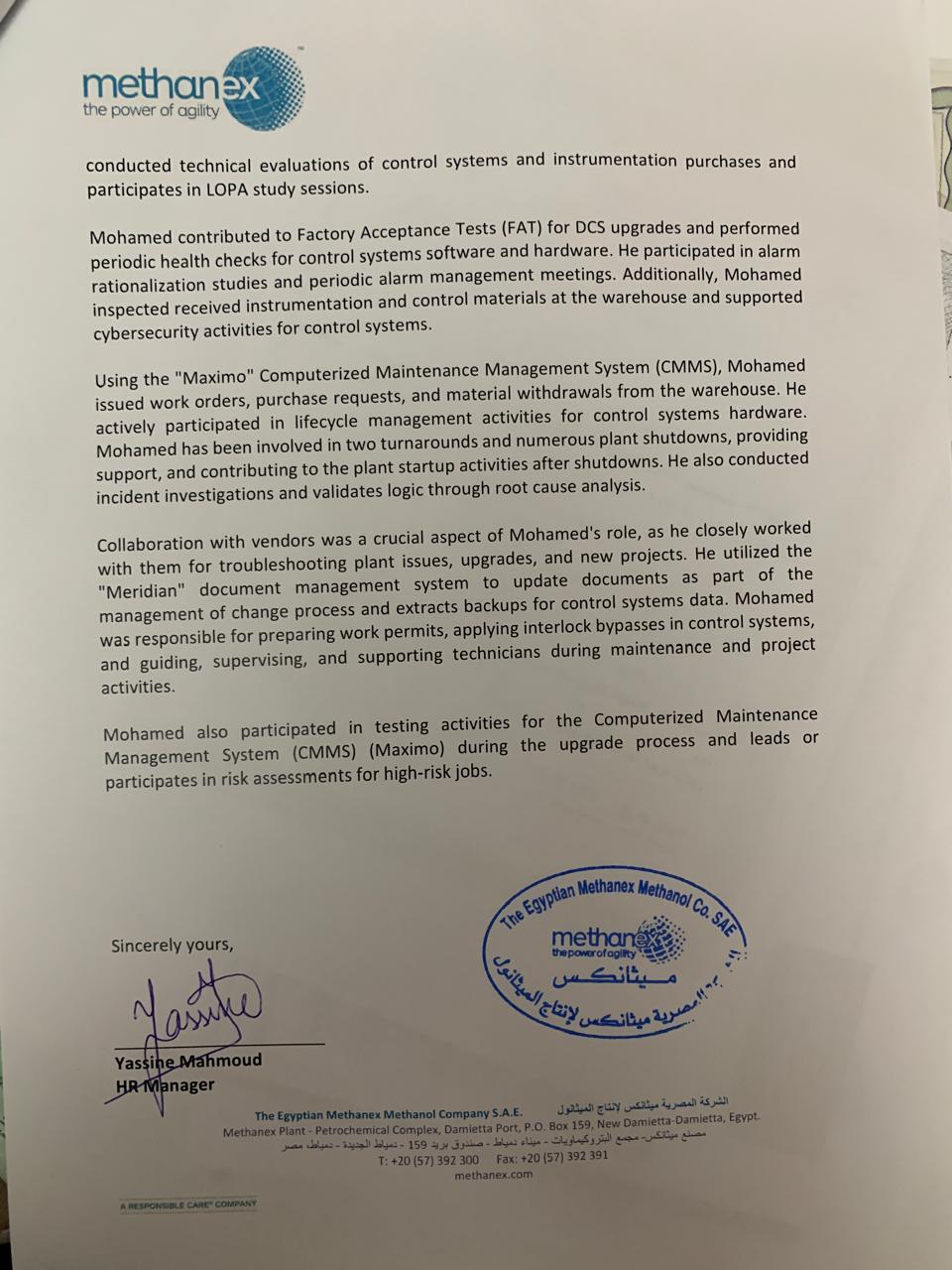 Methanex experience letter, page 2 of 2, signed by HR Manager